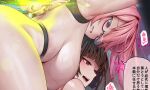  2girls animal_ear_fluff animal_ears black_hair blunt_bangs blush breasts closed_mouth fox_ears fox_girl glasses hoshimi_miyabi large_breasts long_hair looking_at_another mana_(remana) multiple_girls open_mouth parted_lips pink_eyes pink_hair red_eyes ring_hair_ornament sidelocks smile speech_bubble tsukishiro_yanagi yuri zenless_zone_zero 