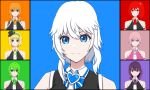  6+girls ascot astella_(chronicle_of_myers) b-komachi_(old) blonde_hair blue_background blue_eyes blue_ribbon breasts chronicle_of_myers chronicle_of_myers:_invasion_to_shadowlands chronicle_of_myers:_keirichslied chronicle_of_myers:_vater_des_sterns fruity_robo george_myers green_ascot green_background green_eyes green_hair highres huge_breasts idol idol_clothes ishii_ichigo jo_shin_ogi large_breasts medium_hair multiple_girls murasaki_satsuki nakayama_nozomi neck_ribbon necktie orange_ascot orange_background orange_hair pink_ascot pink_background pink_eyes pink_hair purple_ascot purple_background purple_eyes purple_hair red_ascot red_background red_hair ribbon sakamoto_hisako shibatou_atsumi short_hair side_ponytail tachibana_ruka tattoo totsuka_ayami_(chronicle_of_myers) white_hair yakuza yellow_ascot yellow_background yellow_eyes yokoyari_mengo_(style) 