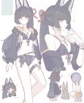  2girls absurdres alternate_hairstyle animal_ear_fluff animal_ears belle_(summer_skies)_(zenless_zone_zero) belle_(zenless_zone_zero) bikini black_bikini black_hair blue_hair braid food fox_ears fox_girl fruit half_up_braid high_ponytail highres holding holding_food holding_fruit holding_watermelon hoshimi_miyabi multiple_girls orange_shorts ponytail red_eyes short_hair shorts swimsuit translation_request watermelon zenless_zone_zero zzzii0 