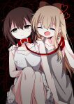  2girls black_background blonde_hair blush bow brown_eyes brown_hair closed_eyes closed_mouth collar commentary dirty dirty_clothes dress funami_yui grey_dress hair_bow heart highres holding holding_leash leash long_hair mei-chan_(meiyuri0405) multiple_girls open_mouth red_bow sitting smile sweatdrop symbol-only_commentary toshinou_kyouko white_dress yandere yuruyuri 