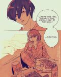  1boy 1girl artist_name bed blue_hair brown_eyes brown_hair chips_(food) collarbone eating english_commentary food food_on_face fork full_body hair_between_eyes holding holding_food holding_pizza open_mouth paaaatchieee pajamas persona persona_3 pizza pizza_box pizza_slice potato_chips short_hair sitting soda_bottle takeba_yukari upper_body yuuki_makoto_(persona_3) 