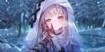  1boy 2girls absurdres bandaged_arm bandaged_hand bandages blonde_hair blood blood_on_hands blush brown_eyes capelet closed_mouth dress forest game_cg gloves hand_on_another&#039;s_cheek hand_on_another&#039;s_face hands_up highres hikami_meruru holding_hands long_hair long_sleeves looking_at_viewer mahou_shoujo_no_majo_saiban multiple_girls nature non-web_source nun official_art out_of_frame outdoors pov pov_hands shitou_arisa smile snow snowing solo_focus tree umemaro_(siona0908) upper_body white_capelet white_gloves 