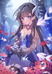 1girl absurdres artist_name black_hair black_thighhighs blue_dress blue_eyes breasts bubble cleavage commentary_request dress earrings english_text fish gloves hair_ornament highres honkai:_star_rail honkai_(series) hysilens_(honkai:_star_rail) jewelry long_hair long_sleeves looking_at_viewer parted_lips see-through_clothes see-through_sleeves solo thighhighs underwater yaya_yanagi 