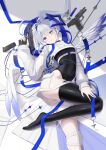  1girl absurdres ahoge amane_kanata amane_kanata_(trigger) black_leotard black_thighhighs blue_eyes blue_nails blue_streaks breasts commentary covered_navel expressionless film_grain fingernails foot_out_of_frame gun h&amp;k_usp hair_spread_out hand_on_own_thigh hand_up handgun hashtag-only_commentary highres holding holding_gun holding_weapon hololive hooded_shrug knee_guards leg_up leotard long_hair long_sleeves looking_at_viewer lying magazine_(weapon) multicolored_hair nail_polish no_pants on_back parted_lips shrug_(clothing) small_breasts solo star-shaped_pupils star_(symbol) streaked_hair symbol-shaped_pupils thighhighs tojo_aoi virtual_youtuber weapon white_shrug white_wings wings 