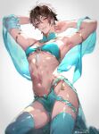  1boy abs alternate_costume antenna_hair arabian_clothes armlet armpits arms_behind_head arms_up bare_shoulders blue_bra blue_collar blue_gemstone blue_panties blue_shawl blue_thighhighs blush bra brown_eyes brown_hair bulge closed_mouth collar crossdressing crossdressing_(mtf) dancer dated detached_collar earrings eiden_(nu_carnival) gem hair_between_eyes harem_outfit highres jewelry kneeling looking_at_viewer male_focus midriff navel nu_carnival o-ring o-ring_top owner_bird panties pectorals pelvic_curtain pendant see-through_clothes shawl short_hair simple_background smile solo stomach tassel thighhighs toned toned_male trap twitter_username underwear white_background 