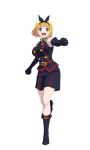  1girl anime_coloring anti-demon_corps_uniform belt black_boots black_gloves black_hairband black_jacket black_shorts blonde_hair boots bow_hairband breasts brown_belt clenched_hands elbow_gloves full_body gloves green_eyes hairband huge_breasts jacket large_breasts looking_at_viewer mato_seihei_no_slave nakano_keiya official_art open_mouth outstretched_arm reaching reaching_towards_viewer short_hair shorts simple_background sleeveless sleeveless_jacket smile solo standing suruga_shushu teeth transparent_background 