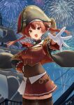  1girl :d aerial_fireworks ascot belt bicorne black_coat black_hat black_thighhighs blurry blurry_background breasts brooch brown_belt buttons coat commentary_request covered_navel cropped_jacket fireworks frilled_shirt_collar frills gloves gold_trim hair_ribbon hand_on_own_hip hat heterochromia highres hololive houshou_marine jacket jewelry lapel_pin large_breasts leather_belt leotard leotard_under_clothes long_hair makimaki_makky7 miniskirt night off_shoulder open_mouth outdoors outstretched_arms pirate_hat pleated_skirt red_ascot red_eyes red_hair red_jacket red_ribbon red_skirt ribbon see-through_clothes see-through_leotard skirt sleeveless sleeveless_jacket smile solo thighhighs twintails v-shaped_eyebrows virtual_youtuber white_gloves yellow_eyes 