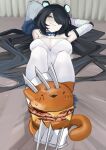  1girl animal_ears arm_behind_head black_hair blue_hair breasts bright_pupils burger claws cleavage closed_mouth corrupted_twitter_file dress erina_makina feet feet_burger_(meme) food grey_eyes hair_over_one_eye highres holding_with_feet long_hair lying mechanical_arms meme multicolored_hair nail_polish on_back phase_connect pupi_(rain_prophet) second-party_source see-through_cleavage see-through_clothes single_mechanical_arm solo streaked_hair tiger_ears tiger_girl virtual_youtuber white_dress white_pupils 