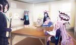  6+girls ahoge animal_ears ayane_(blue_archive) black_hair black_halo blue_archive glasses green_eyes grey_hair halo heterochromia highres hina_(blue_archive) hoshino_(blue_archive) indoors koflif long_hair multiple_girls nonomi_(blue_archive) pink_hair pink_halo purple_eyes school_uniform serika_(blue_archive) shiroko_(blue_archive) sitting skirt standing table twintails very_long_hair white_hair wolf_ears 