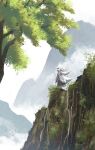  1girl absurdres bird black_skirt cliff commentary day detached_sleeves english_commentary flock fog grass grey_sky hair_ribbon hands_in_opposite_sleeves hat highres inubashiri_momiji landscape long_hair long_sidelocks mixed-language_commentary mountain oubachiago outdoors procreate_(medium) red_hat red_ribbon red_sleeve_cuffs red_trim ribbon shirt sidelocks skirt sky sleeveless sleeveless_shirt solo standing tokin_hat touhou tree very_long_hair white_hair white_shirt white_sleeves wide_shot wide_sleeves 