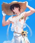  1boy adjusting_clothes adjusting_headwear arms_up bare_arms belt black_hair blue_background blush colored_inner_hair dated earrings fingerless_gloves flower gloves hands_up hat jewelry looking_at_viewer male_focus multicolored_hair necklace nu_carnival official_alternate_costume owner_bird pants parted_lips pectorals piercing red_eyes red_hair see-through_clothes shell shell_necklace shirt short_hair simple_background single_earring smile snake_earrings solo straw_hat sun_hat sunflower two-tone_hair waist_bag white_gloves white_pants white_shirt yakumo_(nu_carnival) yellow_flower 