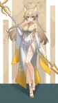  1girl absurdres alternate_costume arknights armlet bare_shoulders belt black_eyes blush bow breasts breeze_(arknights) brown_bow brown_hair chinese_commentary closed_mouth commentary_request dress full_body gem gold gold_sandals grey_belt grey_bow grey_dress hair_between_eyes hair_bow highres holding holding_polearm holding_weapon jewelry jiuyu_qame long_dress long_hair looking_at_viewer medium_breasts monster_hunter_(series) polearm print_dress sandals side_slit smile solo standing striped_bow weapon yellow_dress yellow_sandals zoom_layer 