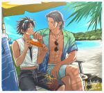  2boys abs aelys77 angeal_hewley angeal_hewley_(cosplay) angeal_hewley_(resort_style) aqua_eyes aviator_sunglasses beach beach_umbrella beard black_hair black_male_swimwear black_undershirt buster_sword chinstrap_beard corn corn_cob cosplay crisis_core_final_fantasy_vii cropped_vest crossed_legs dated eyewear_on_head facial_hair feet_out_of_frame final_fantasy final_fantasy_vii final_fantasy_vii_ever_crisis floral_print food hand_on_another&#039;s_chin hawaiian_shirt holding holding_food inflatable_sword looking_at_another male_focus male_swimwear medium_hair midriff_peek multiple_boys muscular muscular_male ocean palm_tree parted_bangs shirt sitting spiked_hair sunglasses tree umbrella vest white_male_swimwear white_vest yaoi zack_fair zack_fair_(cosplay) zack_fair_(surfer_look) zack_fair_(tropical_beach) 