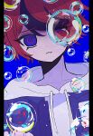  1boy black_hair blue_background blue_eyes blue_jacket bubble collarbone commentary heterochromia highres hood hoodie jacket jacket_over_hoodie looking_at_viewer male_focus multicolored_hair open_clothes open_jacket pillarboxed red_eyes red_hair short_hair solo sumino_takumi symbol-only_commentary the_hundred_line_-last_defense_academy- two-tone_hair upper_body white_hoodie yuyuyu_(iamyuyuyu93) 