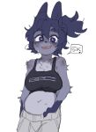 2024 anthro arm_tuft black_clothing black_crop_top black_shirt black_topwear blue_body blue_ears blue_eyebrows blue_fur blue_hair bodily_fluids bottomwear breasts canid canine canis cleavage clothed clothed_anthro clothed_female clothing countershade_fur countershade_torso countershading crop_top cute_fangs digital_drawing_(artwork) digital_media_(artwork) domestic_dog elbow_tuft eyebrow_through_hair eyebrows fangs female female_anthro front_view fur gloves_(marking) hair hand_in_pants looking_at_viewer mammal markings midriff mini_(puppy_in_space) navel open_mouth open_smile ponytail portrait puppy_in_space shirt smile solo speech_bubble sweat sweatdrop teeth thick_eyebrows topwear translucent translucent_hair tuft white_sclera