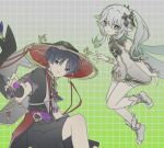  1boy 1girl anklet arm_at_side armlet armor asymmetrical_sidelocks bad_id bad_twitter_id black_bodysuit black_hair black_hat black_kimono black_shorts black_sleeves bloomers blunt_ends bodysuit bright_pupils checkered_background closed_mouth colored_tips cross-shaped_pupils detached_sleeves dress furisode gem genshin_impact gold gold_trim gradient_background green_eyes green_gemstone green_hair green_sleeves grey_veil hair_ornament half_crown_braid hand_up hat heart heart_hair_ornament japanese_armor japanese_clothes jewelry jingasa juban kimono kote kurokote layered_sleeves leaf leaf_hair_ornament long_hair looking_at_object looking_at_viewer mitsudomoe_(shape) multicolored_hair nahida_(genshin_impact) neck_ring o-ring open_hand open_mouth parted_bangs pointy_ears purple_eyes purple_rope purple_sash purple_sleeves red_hat red_kimono red_sash rope sash scaramouche_(genshin_impact) shimenawa short_sleeves shorts side_ponytail sidelocks socks symbol-shaped_pupils tassel toeless_socks tomoe_(symbol) tsurime two-sided_fabric two-sided_headwear veil white_bloomers white_dress white_hair white_kimono white_pupils white_rope white_socks wispy_bangs zkwnxh 