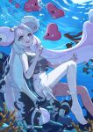  1girl air_bubble bare_shoulders barefoot bikini blue_hair blush bow-shaped_hair breasts bubble character_hair_ornament coral fake_hair_bun fang feebas fish hair_ornament iono_(pokemon) long_hair lumineon luvdisc midriff milotic mizuiro123 multicolored_hair ocean open_mouth pink_hair pokemon pokemon_(creature) pokemon_sv shorts smile split-color_hair swimsuit tank_top teeth two-tone_hair underwear very_long_hair water 