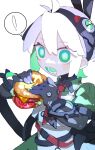  ! 1girl absurdres burger cheri_zao colored_tongue food green_eyes green_tongue grey_hair highres holding holding_burger holding_food midoriko_(cheri_zao) open_mouth original short_hair simple_background solo speech_bubble upper_body white_background 