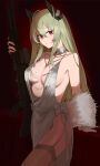  1girl absurdres beretta_ltlx_7000 breasts closed_mouth commentary dress fur_shawl garter_straps girls&#039;_frontline green_hair grey_dress gun headgear highres hinami047 holding holding_gun holding_weapon looking_at_viewer ltlx_7000_(a_midsummer_night&#039;s_tryst)_(girls&#039;_frontline) ltlx_7000_(girls&#039;_frontline) mole mole_on_breast mole_on_neck official_alternate_costume red_eyes shawl solo thighhighs weapon 