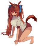  1girl absurdres animal_ears bare_legs barefoot blush bow brown_hair buruma closed_mouth crown daiwa_scarlet_(umamusume) fujiwarahatsune hair_between_eyes hair_bow hair_intakes highres horse_ears horse_girl horse_tail long_hair purple_eyes red_bow red_buruma shirt short_sleeves solo t-shirt tail tracen_training_uniform twintails umamusume white_shirt 