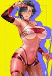  1girl adjusting_eyewear armpits bandeau black_hair blush breasts bridal_gauntlets choker commentary commission covered_nipples cowboy_shot drop_shadow erde00 eyewear_lift eyewear_on_head female_pubic_hair hand_on_eyewear highleg highleg_panties highres holding inset_border large_breasts looking_at_viewer micro_panties navel one-piece_tan original panties parted_lips partially_visible_vulva pixiv_commission pubic_hair pubic_hair_peek pussy_juice race_queen red-tinted_eyewear red_choker red_eyes red_panties short_hair solo standing sunglasses sweat tan tanlines thigh_strap tinted_eyewear underwear 