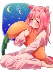  1girl absurdres alternate_costume animal_ears barefoot blush commentary_request crescent_moon freely2327 full_body hair_down hair_intakes half-closed_eyes haru_urara_(umamusume) highres horse_ears horse_girl horse_tail hugging_object long_hair long_sleeves looking_at_viewer moon motion_lines night pajamas pants pink_hair pink_pants pink_shirt purple_eyes shirt sidelocks sitting sky solo squeans star_(sky) starry_sky stuffed_carrot tail umamusume 
