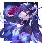  1girl absurdres artist_name bad_source black_hair blue_eyes bubble crying dress earrings gloves hair_ornament highres honkai:_star_rail honkai_(series) hysilens_(honkai:_star_rail) jewelry long_hair long_sleeves looking_at_viewer purple_hair red_gloves solo tears yexizhi 