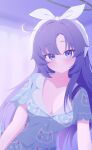  1girl absurdres animal_print black_halo blue_archive blue_pajamas blue_shirt blush breasts cat_print cleavage collarbone commentary_request fortysansan hairband halo highres long_hair looking_at_viewer official_alternate_costume pajamas purple_eyes purple_hair shirt smile solo white_hairband yuuka_(blue_archive) yuuka_(pajamas)_(blue_archive) 