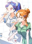  2girls blue_hair breasts brown_eyes brushing_teeth commentary cup hair_bun hair_ornament hair_up hairclip high_ponytail holding holding_toothbrush horns indoors large_breasts long_hair multiple_girls nami_(one_piece) one_piece orange_hair pajamas pink_eyes ponytail raine_(acke2445) short_sleeves shoulder_tattoo sleepy symbol-only_commentary tattoo toothbrush toothbrush_in_mouth ulti_(one_piece) upper_body 