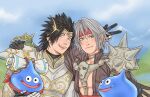  2boys arm_around_shoulder armor armored_gloves black_gloves black_hair black_jacket closed_mouth crylin6 final_fantasy final_fantasy_vii final_fantasy_vii_ever_crisis gloves gold_trim grey_hair hair_between_eyes headband jacket male_focus multiple_boys official_alternate_costume open_mouth parted_bangs pointy_ears red_headband scroll sephiroth sephiroth_(banesword_style) sephiroth_(ever_crisis) short_hair shoulder_armor shoulder_spikes skull_ornament slime_(dragon_quest) smile spikes upper_body v winged_hair_ornament zack_fair zack_fair_(zenithian_armour) 