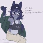 2024 anthro armpit_fetish beanie black_clothing black_crop_top black_shirt black_topwear blue_body blue_countershading blue_ears blue_eyebrows blue_eyes blue_hair bodily_fluids bottomwear breasts canid canine canis chest_tuft cleavage clothed clothed_anthro clothed_female clothing countershade_fur countershade_torso countershading crop_top digital_drawing_(artwork) digital_media_(artwork) domestic_dog english_text eyebrows female female_anthro front_view fur furgonomic_beanie furgonomic_hat furgonomic_headwear furgonomics green_clothing green_shirt green_topwear grey_background hair handwritten_text hat headgear headwear mammal midriff mini_(puppy_in_space) mouth_closed multicolored_body multicolored_fur navel pants portrait puppy_in_space shirt simple_background sitting solo sweat sweaty_armpit text three-quarter_portrait topwear tuft white_sclera
