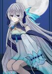  1girl arknights bare_shoulders closed_mouth commentary dress full_moon gem grey_dress grey_hair hair_between_eyes hair_ribbon highres long_hair looking_at_viewer moon mulberry_(arknights) mulberry_(reflection_that_of_the_moons)_(arknights) official_alternate_costume purple_eyes purple_ribbon ribbon sitting sleeves_past_wrists solo tassel udo_(akn_otk) very_long_hair 