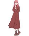  1girl anime_coloring blush boots brown_boots closed_mouth collared_shirt full_body itose_yuki long_hair long_shirt long_sleeves looking_at_viewer official_art pink_eyes pink_hair red_lips shirt simple_background sobaco_(sobacocco) socks solo standing transparent_background white_socks yubisaki_to_renren 