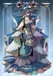  1girl absurdres black_arm_warmers blue_background blue_bow blue_dress blue_gemstone blue_hat blue_ribbon bow breasts cape chest_jewel circlet colored_eyelashes dress dress_bow erc frilled_dress frills front_ponytail full_body gem grey_bow grey_dress hair_between_breasts hair_between_eyes hair_ribbon hand_up hat highres holding holding_wand huge_bow large_breasts long_dress long_hair looking_at_viewer mermaid_dress original pisces_(zodiac) purple_hair ribbon sideways_glance solo standing striped_clothes striped_dress vertical-striped_clothes vertical-striped_dress wand wavy_hair white_cape witch witch_hat yellow_eyes zodiac 