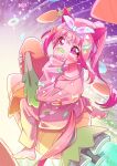  1girl absurdres animal_ears bandaid bandaid_hair_ornament bandaid_on_face bandaid_on_nose barefoot blush commentary_request covering_own_mouth ear_covers flower_in_eye freely2327 hair_between_eyes hair_ornament hand_up haru_urara_(umamusume) heart heart_hair_ornament highres holding holding_stuffed_toy horse_ears horse_girl horse_tail long_hair maid_headdress pajamas pants pink_hair pink_pants pink_shirt ponytail purple_eyes rocket shirt sidelocks solo star_(symbol) star_hair_ornament stuffed_carrot stuffed_toy symbol_in_eye tail tail_through_clothes umamusume 