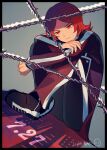  1boy :| absurdres arm_on_knee barbed_wire black_border black_shoes border brick_st closed_mouth commentary crossed_arms dated hashtag-only_commentary highres lapels leg_up long_sleeves male_focus notched_lapels pants parted_hair persona persona_2 red_eyes red_hair shoes solo striped_clothes striped_pants suou_tatsuya vertical-striped_clothes vertical-striped_pants 