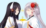  1girl absurdres aiguillette azur_lane black_hair breast_press breasts cipher_engage closed_eyes commentary_request flower grey_hair hair_between_eyes hair_flower hair_ornament hiei_(azur_lane) highres horns japanese_clothes kimono large_breasts long_hair long_sleeves manjuu_(azur_lane) red_flower shoukaku_(azur_lane) solo sparks symmetrical_docking upper_body white_horns white_kimono wide_sleeves 
