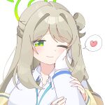  1boy 1girl blonde_hair blue_archive bow breasts cardigan cardigan_partially_removed closed_mouth commentary_request dress_shirt green_eyes green_halo hair_bow hair_bun halo hand_on_another&#039;s_cheek hand_on_another&#039;s_face hands_on_another&#039;s_arm heart highres image_in_speech_bubble lanyard large_breasts long_hair looking_at_viewer nonomi_(blue_archive) one_eye_closed pov pov_hands sensei_(blue_archive) shirt simple_background single_side_bun smile speech_bubble spoken_heart upper_body user_zvyv4284 white_background white_shirt yellow_cardigan 