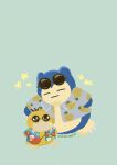  absurdres animal_focus bag beak bird closed_eyes closed_mouth duck eyewear_on_head hawaiian_shirt highres no_humans pokemon pokemon_(creature) pokemon_focus psyduck shirt short_sleeves smile snorlax star_(symbol) sunglasses zozozoshion 
