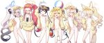  6+girls above-cleavage_cutout absurdres animal_ears armpits arms_up asymmetrical_hair averting_eyes ball bare_shoulders beachball black_hair black_ribbon black_wings blonde_hair blue_archive blue_halo bow breasts brown_eyes bucket cane closed_mouth clothing_cutout commentary cosplay covered_navel cross_halo demon_girl demon_horns demon_tail demon_wings diamond_cutout double_bun extra_ears eyewear_on_head feet_out_of_frame flat_chest forehead fox_ears fox_girl fox_tail gnoet gradient_hair green_eyes grey_eyes grey_hair grey_halo hair_bow hair_bun hair_over_one_eye hair_ribbon halo hand_up handheld_game_console highleg highleg_one-piece_swimsuit highres horns ibuki_(blue_archive) jacket kisaki_(blue_archive) kokona_(blue_archive) long_hair long_sleeves looking_at_viewer low_wings multicolored_hair multiple_girls multiple_hair_bows nintendo_switch official_alternate_costume official_alternate_hairstyle one-piece_swimsuit one_eye_closed open_mouth orange-tinted_eyewear orange_eyes pink-tinted_eyewear pink_eyes ponytail professor_niyaniya_(blue_archive) puffy_long_sleeves puffy_sleeves purple_eyes red-tinted_eyewear red_hair ribbon seia_(blue_archive) seia_(blue_archive)_(cosplay) seia_(swimsuit)_(blue_archive) side_ponytail simple_background sleeves_past_wrists small_breasts standing streaked_hair sunglasses sweat swimsuit tail tiger_ears tiger_girl tinted_eyewear twintails two-tone_hair very_long_hair visor_cap wavy_hair white_background white_bow white_one-piece_swimsuit wings yellow_eyes yellow_halo yellow_jacket yellow_visor yuzu_(blue_archive) 
