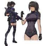  1girl 3_small_spiders ammunition_pouch armor armored_shoes belt belt_pouch black_belt black_gloves black_hair black_jacket black_leotard black_shoes black_shorts black_thighhighs blunt_bangs breastplate breasts covered_nipples cowboy_shot cropped_jacket dark-skinned_female dark_skin faceplate from_side full_body gloves gun handgun highres holding holding_gun holding_weapon holster jacket knee_armor leotard long_hair looking_at_viewer mask medium_breasts mouth_mask multiple_views original parted_lips ponytail pouch purple_jacket rifle scope shoes short_sleeves shorts simple_background single_hair_intake sleeved_leotard sleeves_past_wrists solo swept_bangs tactical_clothes thigh_holster thigh_strap thighhighs two-sided_fabric two-sided_jacket underbust utility_belt weapon white_background yellow_eyes yellow_trim 