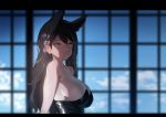  1girl absurdres animal_ears armpit_crease atago_(azur_lane) azur_lane bangs bare_shoulders black_dress black_hair black_leotard blue_sky blurry breasts brown_eyes cleavage closed_mouth cloud commentary_request day depth_of_field dress extra_ears from_side grey_ribbon hair_ribbon highres ihobus large_breasts leotard letterboxed long_hair looking_at_viewer ribbon sideboob sky sleeveless strapless swept_bangs tongue tongue_out upper_body window 