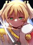  1girl absurdres aiguillette artist_name black_background blonde_hair blue_background closed_mouth commentary daiba_nana epaulettes expressionless fur-trimmed_jacket fur_trim glint green_eyes green_ribbon hair_between_eyes hair_ribbon half-closed_eyes hand_up highres holding holding_sword holding_weapon jacket jacket_on_shoulders katana looking_at_viewer portrait red_jacket ribbon shade short_hair short_twintails shoujo_kageki_revue_starlight solo sword twintails two-tone_background watagashi_nisei_(aoiro_2-gou) weapon white_jacket 