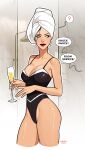  1girl alcohol asami_sato avatar_legends bathroom black_hair black_one-piece_swimsuit breasts champagne cowboy_shot cup drinking_glass english_text eyelashes glass green_eyes highleg highres holding makeup medium_breasts narrow_waist olena_minko one-piece_swimsuit patreon_username red_lips spaghetti_strap speech_bubble swimsuit the_legend_of_korra towel towel_on_head wet 