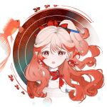  1girl arknights blush bow bubble choker culiu_shuimushao curly_hair earrings fish goldfish hair_bow hair_ornament haruka_(arknights) highres jewelry long_hair looking_at_viewer multicolored_hair one_side_up open_mouth portrait red_bow red_hair solo symbol-shaped_pupils white_background 
