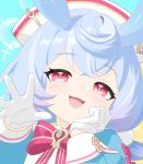  +++ 1girl :d blue_hair bow bowtie bubble close-up from_below genshin_impact gloves hair_ornament half-closed_eyes hand_on_own_face hat head_on_hand highres incoming_headpat long_sleeves looking_at_viewer looking_down low_twintails nana5863390 nurse_cap open_hand open_mouth pom_pom_(clothes) pom_pom_hair_ornament portrait red_bow red_bowtie red_eyes red_pupils short_twintails sigewinne_(genshin_impact) sleeve_cuffs smile smug solo twintails two-tone_background white_gloves white_sleeve_cuffs 