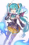  1girl :d aqua_hair bare_shoulders black_gloves black_shirt black_sleeves black_thighhighs blue_eyes blush bow bowtie center_frills collared_shirt commentary detached_sleeves fang feet_out_of_frame fingerless_gloves fishnet_sleeves fishnets frills gloves green_bow green_bowtie hair_between_eyes hair_ornament hand_up hatsune_miku highres limu838 long_hair looking_at_viewer miniskirt number_tattoo open_mouth pleated_skirt shirt shoulder_tattoo simple_background skin_fang skirt sleeveless sleeveless_shirt smile solo standing symbol-only_commentary tattoo thighhighs twintails very_long_hair vocaloid white_background x_hair_ornament yellow_skirt 