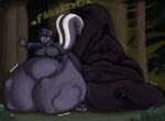 anthro bodily_fluids bone fart feces female forest hi_res mammal mephitid moufette plant pooping skunk soft_vore soiling soiling_pants solo steam sweat tree vore wolfgerlion64