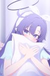  1girl absurdres black_halo blue_archive blue_pajamas blue_shirt blush commentary_request covered_mouth fortysansan hairband halo highres hugging_object long_hair looking_at_viewer official_alternate_costume pajamas pillow pillow_hug purple_eyes purple_hair shirt solo white_hairband yuuka_(blue_archive) yuuka_(pajamas)_(blue_archive) 