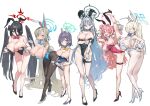  6+girls :d alternate_costume animal_ears ass asuna_(blue_archive) asuna_(bunny)_(blue_archive) bare_shoulders black_hair blonde_hair blue_archive blue_eyes blue_leotard blush bow bowtie breasts cleavage detached_collar double_bun fake_animal_ears fingernails flexible full_body gloves grey_hair hair_bun hair_over_one_eye halo hasumi_(blue_archive) high_heels highleg highleg_leotard highres huge_breasts kanna_(blue_archive) kirara_(blue_archive) large_breasts leaning_forward leg_lift leg_up leotard leotard_pull long_fingernails long_hair looking_at_viewer multiple_girls nonco official_alternate_costume open_mouth pantyhose pink_hair playboy_bunny rabbit_ears rabbit_tail saki_(blue_archive) shiroko_(blue_archive) shiroko_terror_(blue_archive) short_hair simple_background smile split standing standing_on_one_leg standing_split strapless strapless_leotard tail thighs traditional_bowtie white_background white_gloves wolf_ears wolf_girl wrist_cuffs 